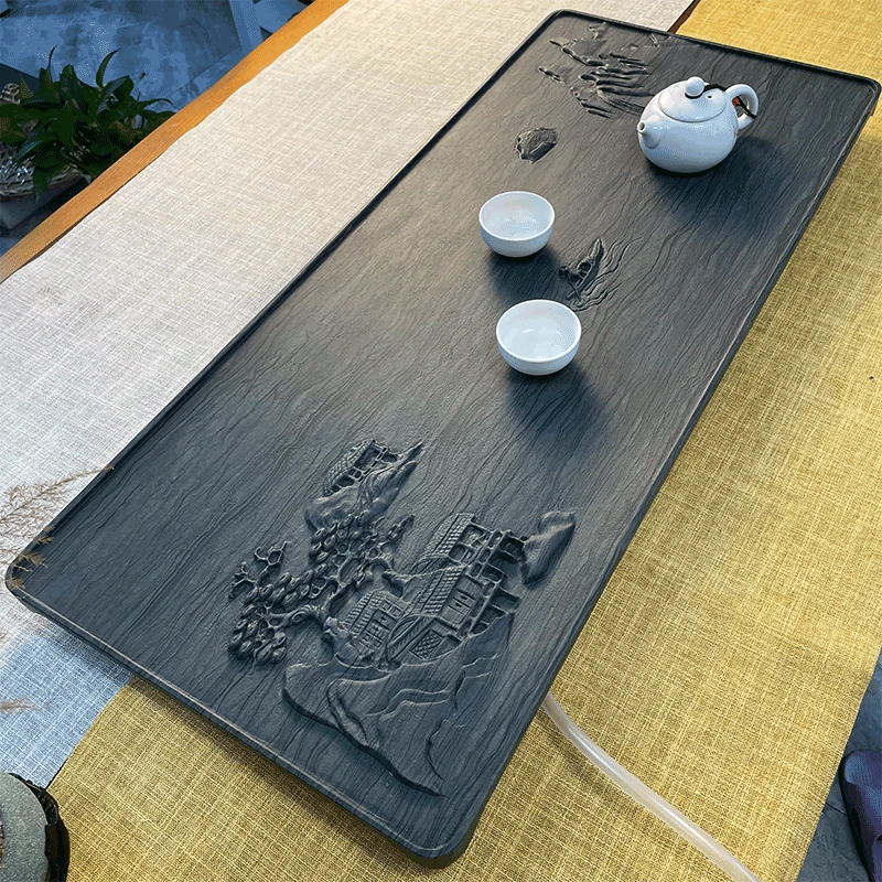 天然木纹石寒江孤影款石茶盘