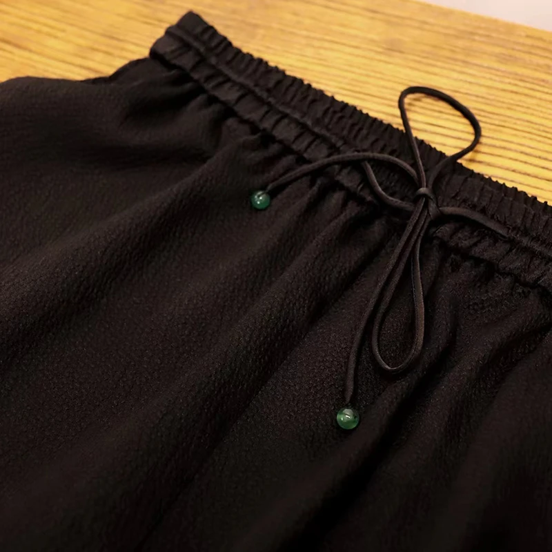 新中式国风醋酸阔腿裤女春夏薄款高腰显瘦垂坠长裤夏季黑色宽松