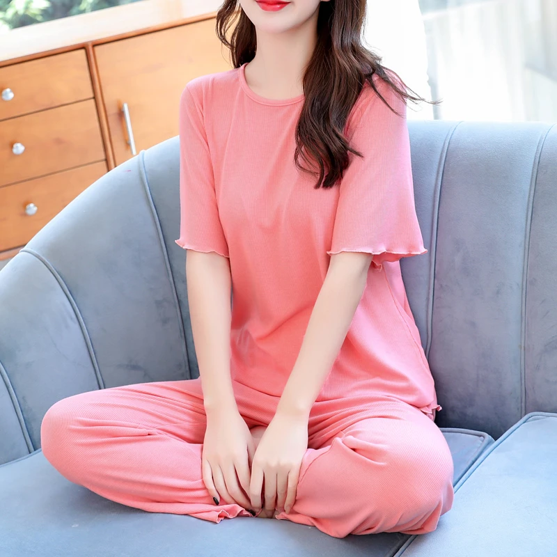 螺纹木耳边短袖长裤睡衣女套装夏大码宽松舒适可外穿家居服夏季