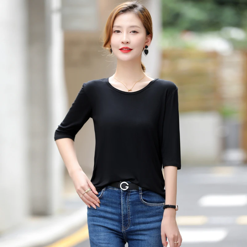 夏季打底衫圆领中袖T恤女士薄款宽松大码五分袖遮肚显瘦黑色气质