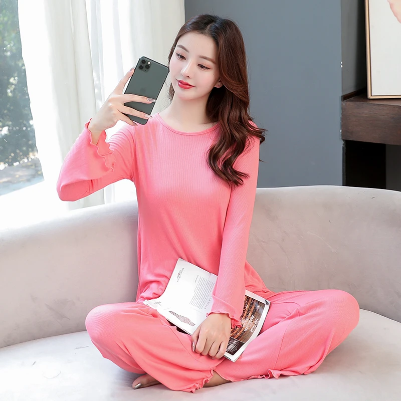 睡衣大码家居服女士春秋长袖长裤夏空调服木耳边外穿两件套装纯色