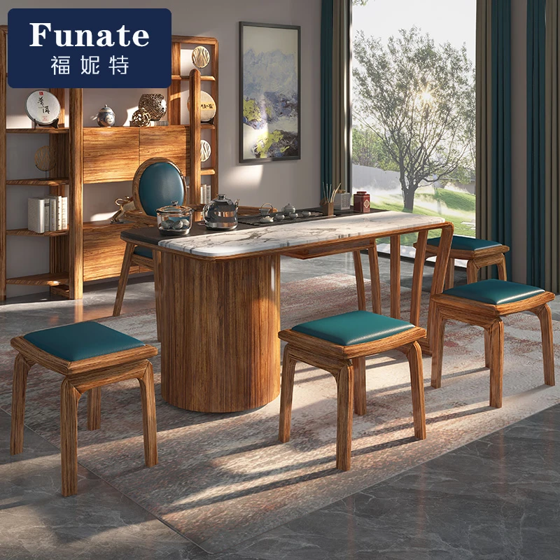 现代乌金木功夫茶桌家用茶具套装一体式新中式岩板小泡茶台椅组合