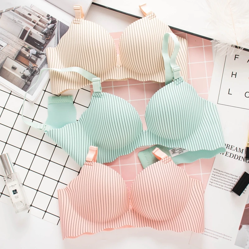 无痕无钢圈 聚拢一片式 简约舒适 条纹百搭果色女士内衣小胸文胸