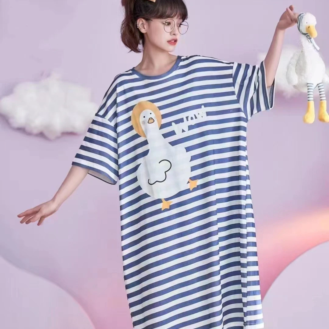 睡衣女夏季新款宽松韩版卡通睡裙薄款家居服时尚可外穿可穿200斤