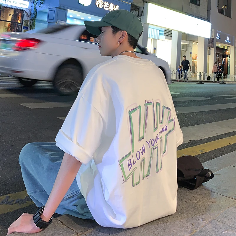 夏季纯棉短袖T恤男港风ins潮牌休闲宽松百搭韩版潮流圆领半袖上衣