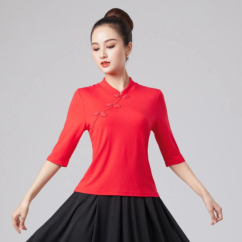 广场舞服装春夏新款琵琶衫旗袍扣中袖中袖古典舞团队演出服装HY