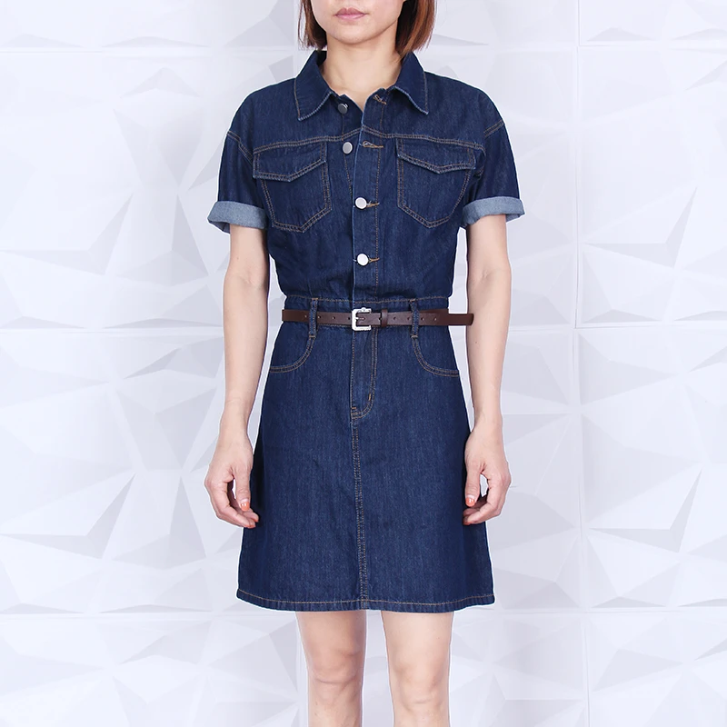 翻领时尚女装休闲夏季新款连衣裙女收腰显瘦短袖小个子牛仔连体裙