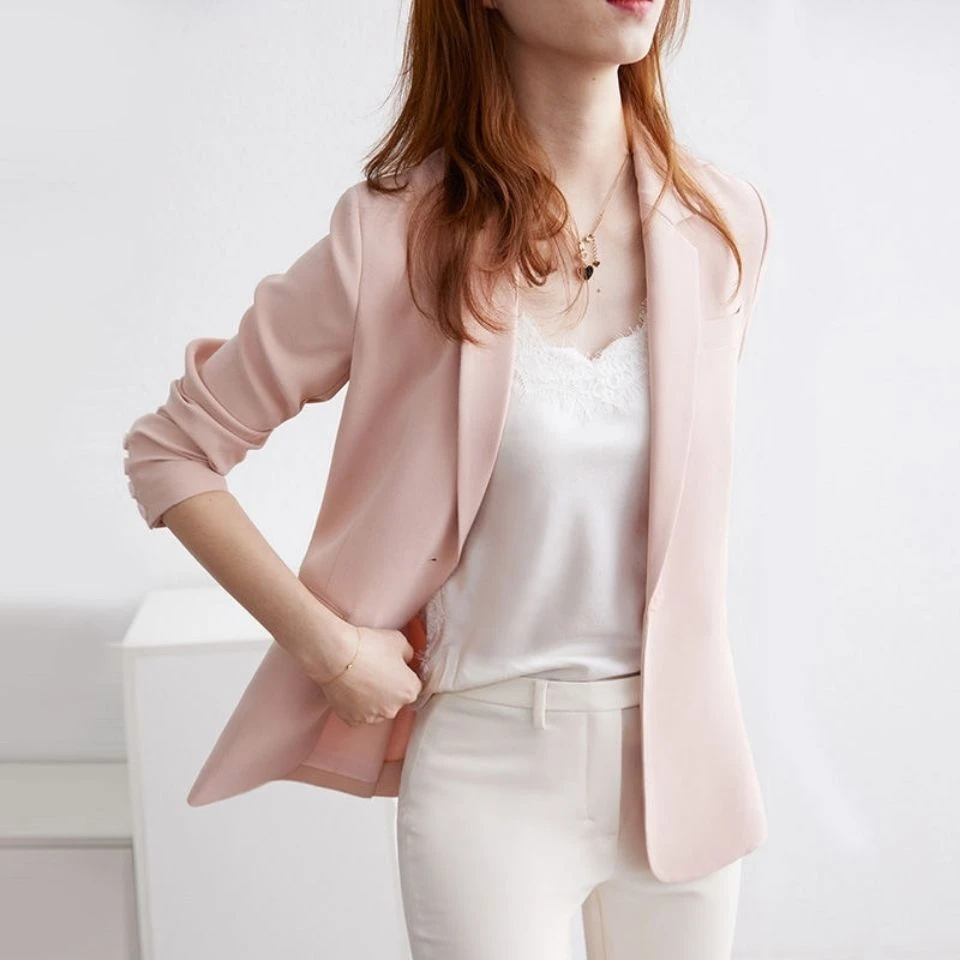 修身小西装外套女春秋时尚粉色韩版百搭显瘦中长款西服女休闲上衣