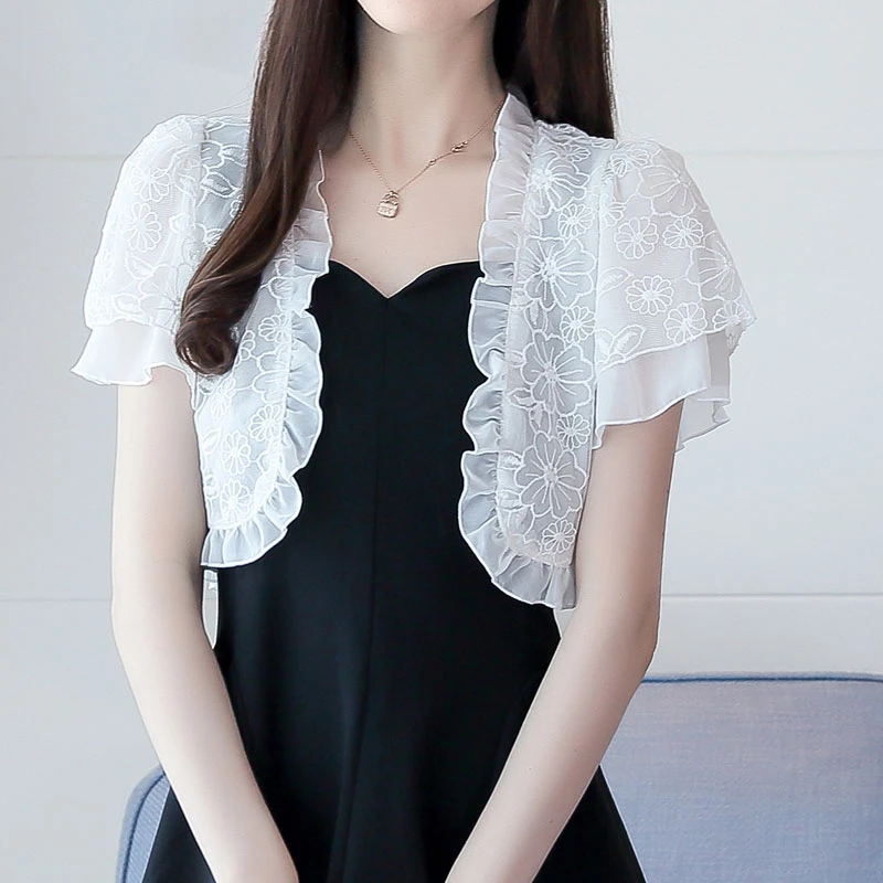 夏季防晒衣蕾丝小披肩小坎肩开衫小外套百搭雪纺衫短袖薄款上衣女