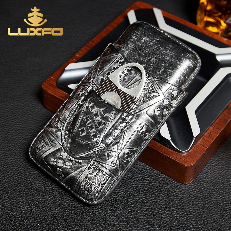 LUXFO朗佑便携雪茄盒皮套个性创意扑克花纹三支装雪茄套配剪刀