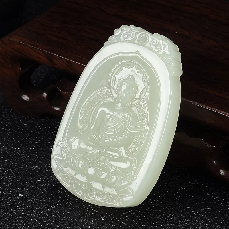 和田玉药师佛老坑料且末料白玉挂件玉牌52-34-7毫米