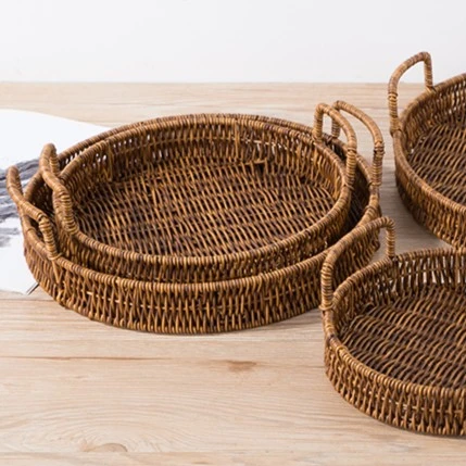 仿藤编食品级托盘面包盘手工双耳水果篮大中小共3个