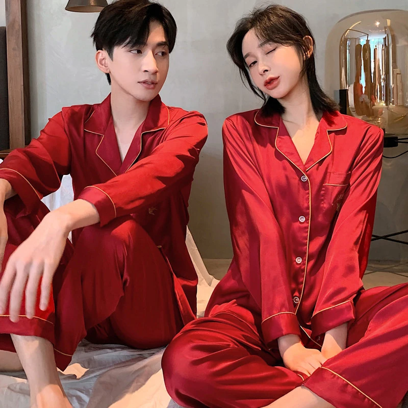 乐姿梦婚庆结婚情侣睡衣冰丝长袖春秋季男红色家居服宽松四季套装