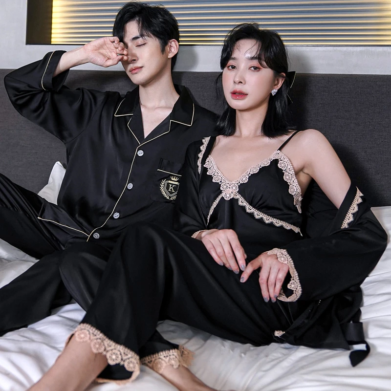 乐姿梦春秋季冰丝情侣睡衣女小性感三件套男士长袖黑色家居服薄款