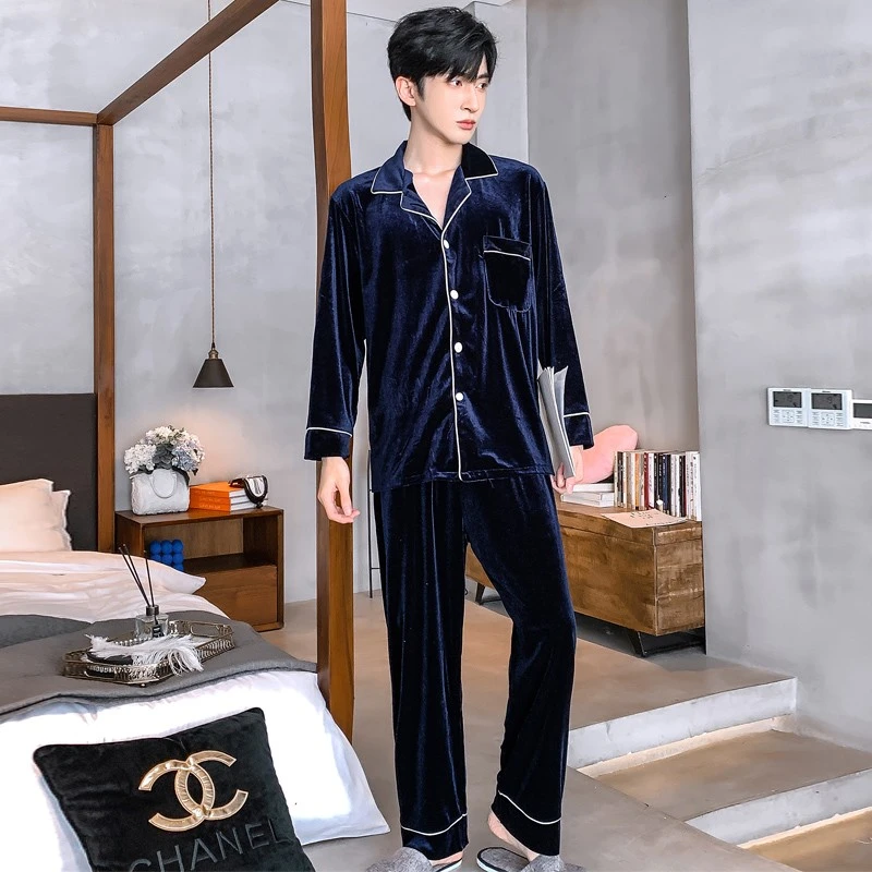 乐姿梦睡衣男秋冬季金丝绒保暖加厚开衫长袖时尚休闲天鹅绒家居服