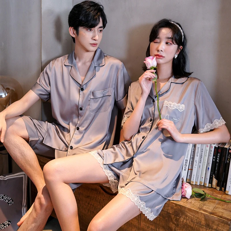 情侣睡衣女夏季冰丝短袖短裤一男一女高级感可外穿家居服男士套装