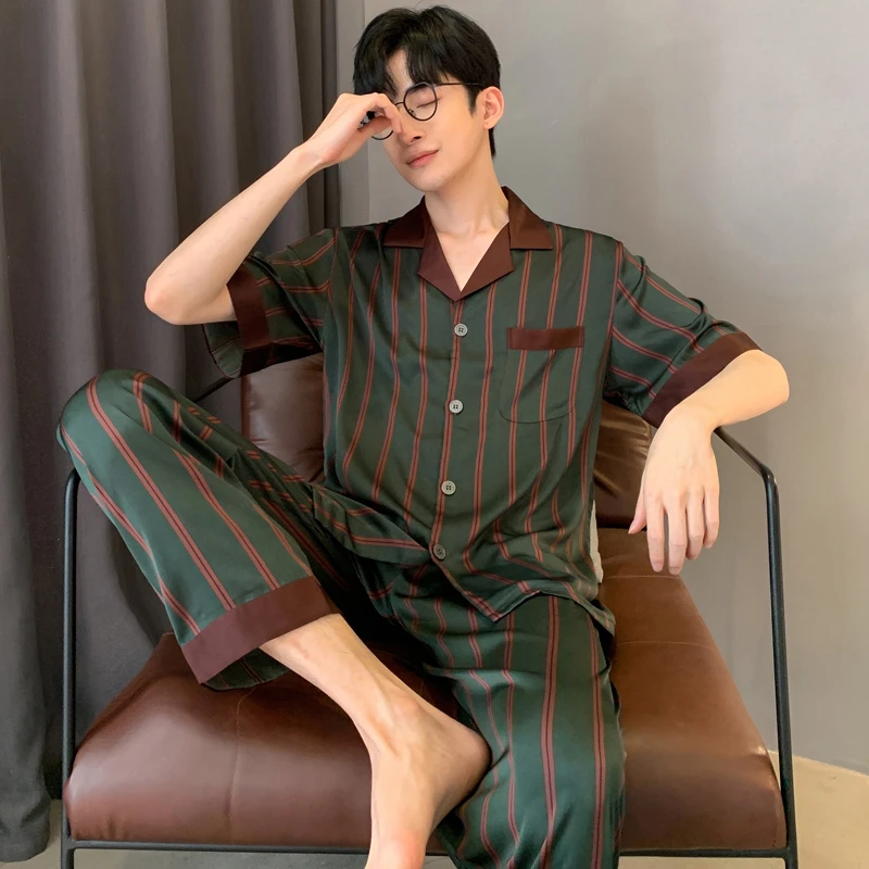 乐姿梦男士睡衣夏季薄款2025年新款冰丝短袖长裤家居服夏天套装