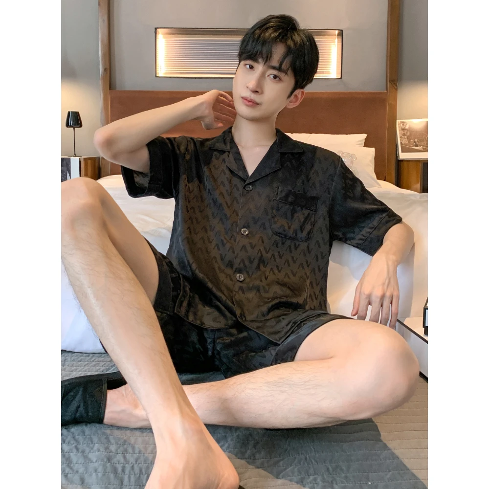 睡衣男夏天冰丝质高级感青少年可外穿夏季家居服短袖短裤套装薄款