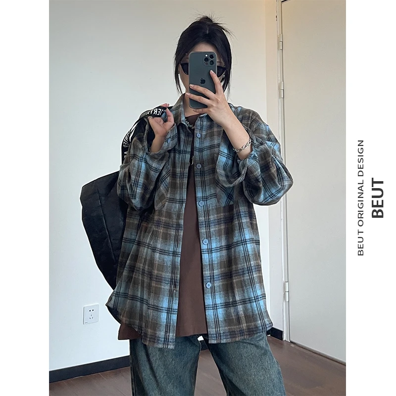 椰子树来了24秋季新品美式复古拼色格子衬衫男女同款宽松潮流衬衣