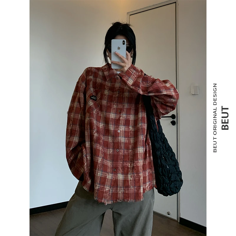 椰子树来了 美式潮流慵懒风扎染格子衬衫外套男女小众设计感衬衣