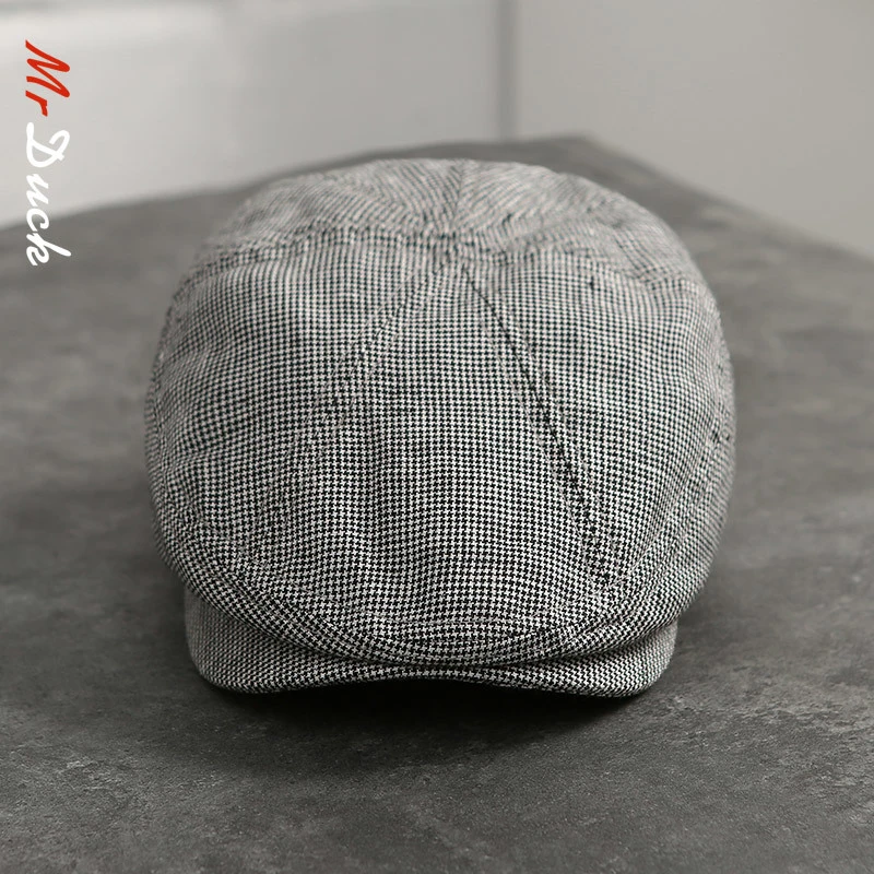 mrduck 透气100%亚麻鸭舌帽ins潮牌男女帽子夏天千鸟格鸭舌帽
