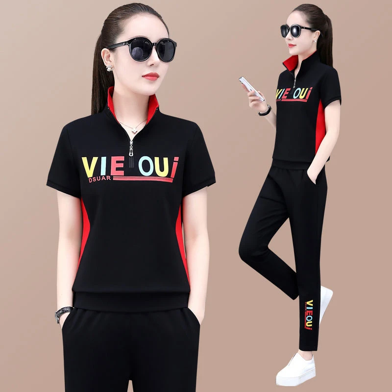 短袖长裤运动套装女夏季新款品牌时尚洋气宽松休闲服跑步两件套