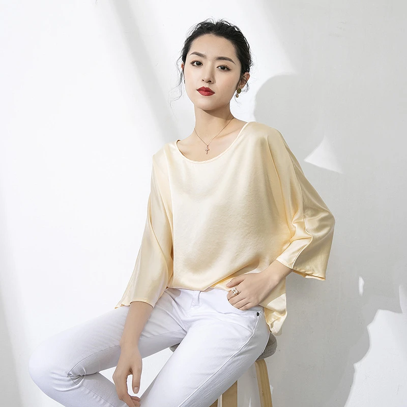 新品女装 醋酸t桖2023春夏宽松显瘦大码优雅气质圆领T中袖蝙蝠衫