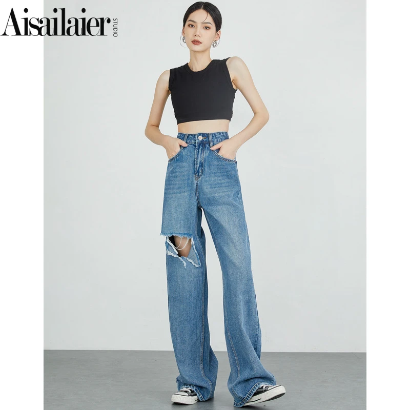 【修拉】设计感港风高腰阔腿牛仔裤女2025年夏季新款宽松显瘦直筒裤
