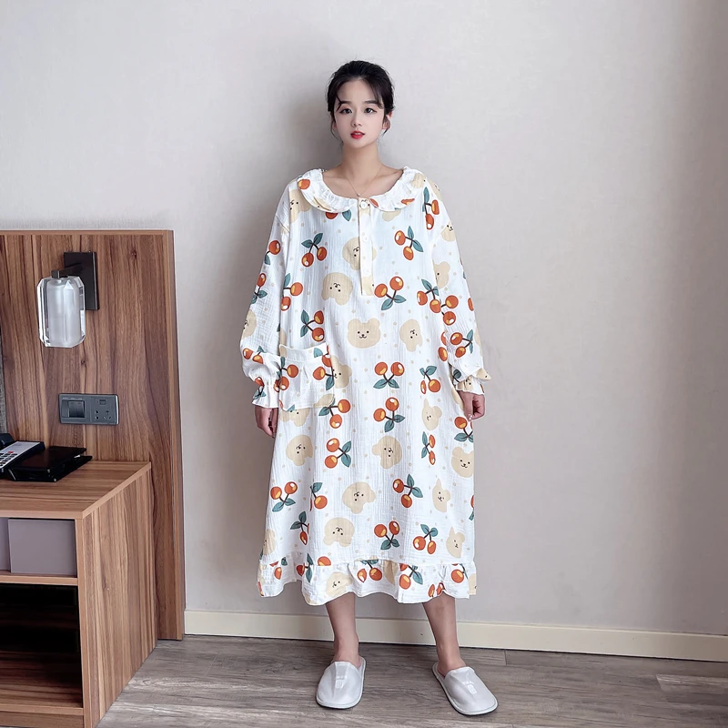 可爱加大码睡裙女长款200斤春秋棉纱长袖甜美睡衣家居服