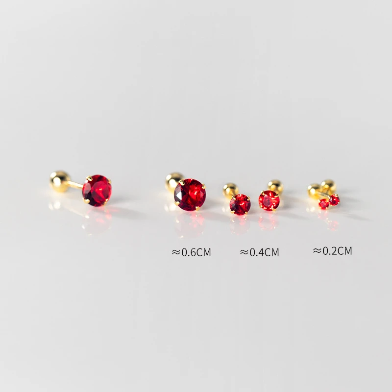 诗为 925银耳饰 红色镶钻耳钉女螺纹珠单钻日韩精致耳骨钉M00104