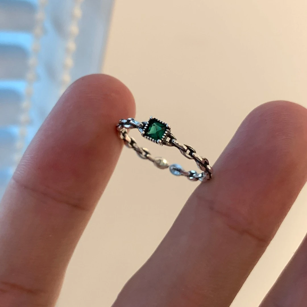 诗为 925银戒指 小众时尚轻奢简约泰银镶钻链条方形戒指GP00618