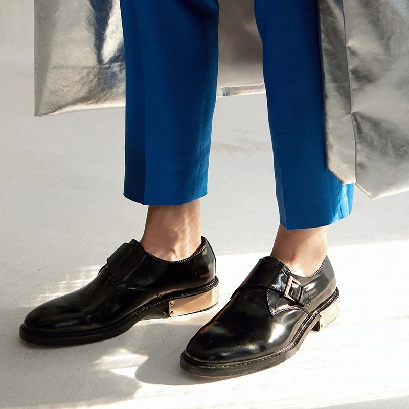 JINIWU吾倪季2025经典绅士高档僧侣鞋纯黑金属鞋跟孟克鞋扣搭皮鞋