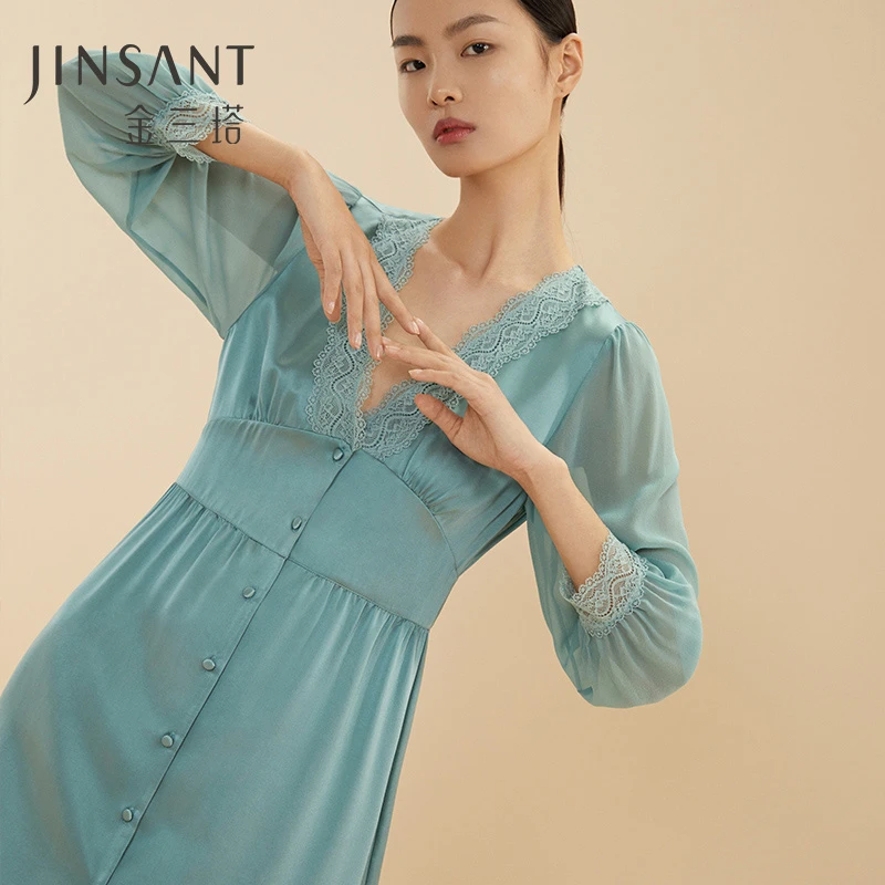 【金三塔官方】金三塔真丝性感蕾丝V领睡裙100%桑蚕丝外穿睡裙长袖