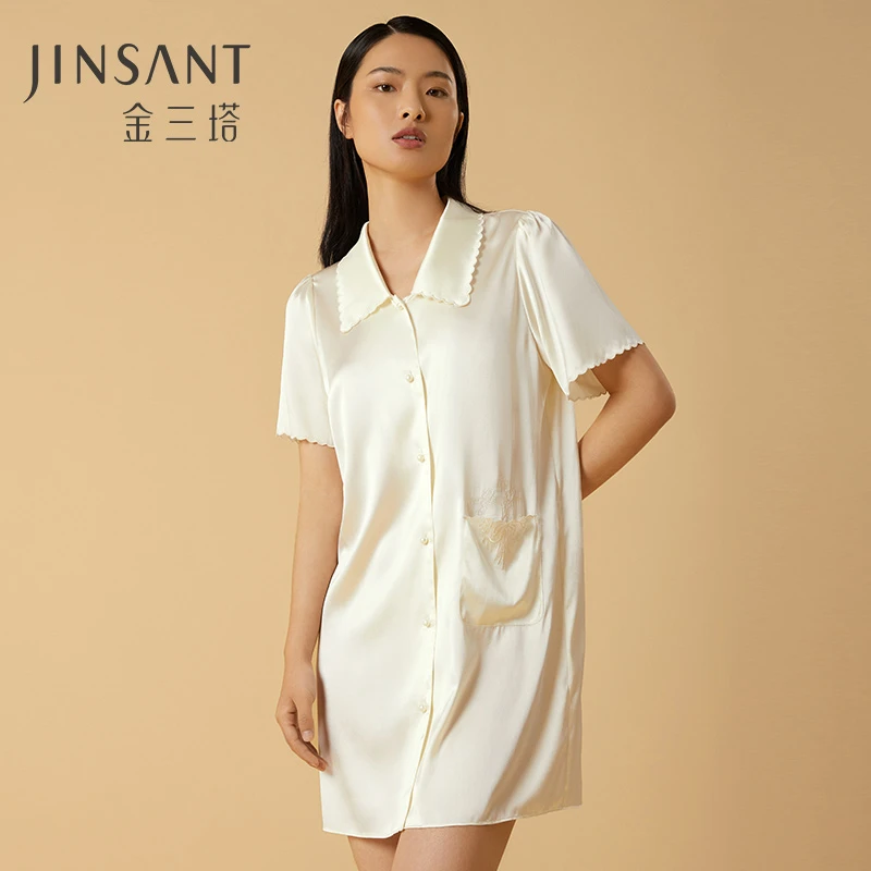 【金三塔官方】100%桑蚕丝重磅真丝包边纯欲法式复古白色衬衫裙气质