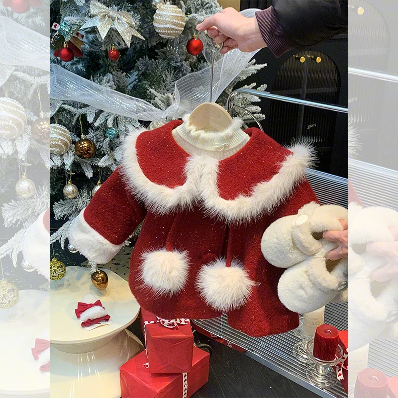 【现货】小沐沐女童红色外套加绒加厚冬2024新年小童女宝斗篷呢大衣