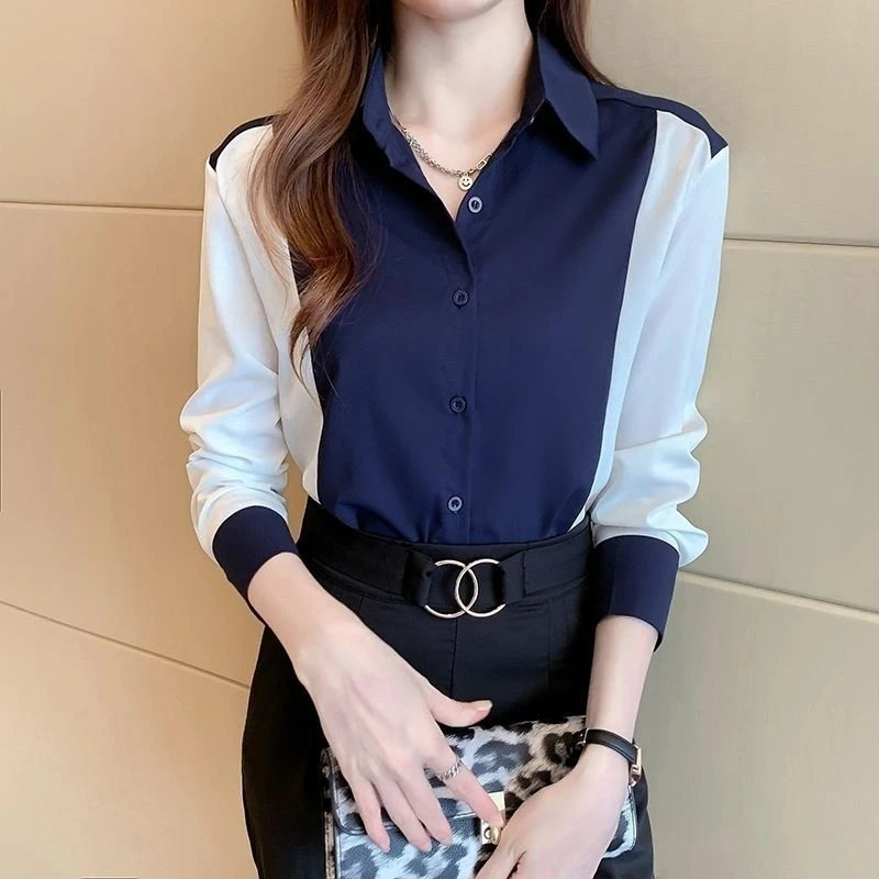 衬衫女装2025春季港风拼色衬衣时尚设计感小众雪纺上衣女外穿百搭