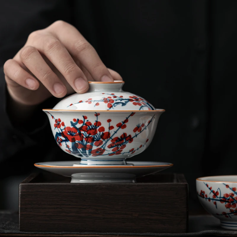 梦墨堂手绘喜上眉梢盖碗青花老陶泥釉下彩功夫茶具单个三才泡茶碗