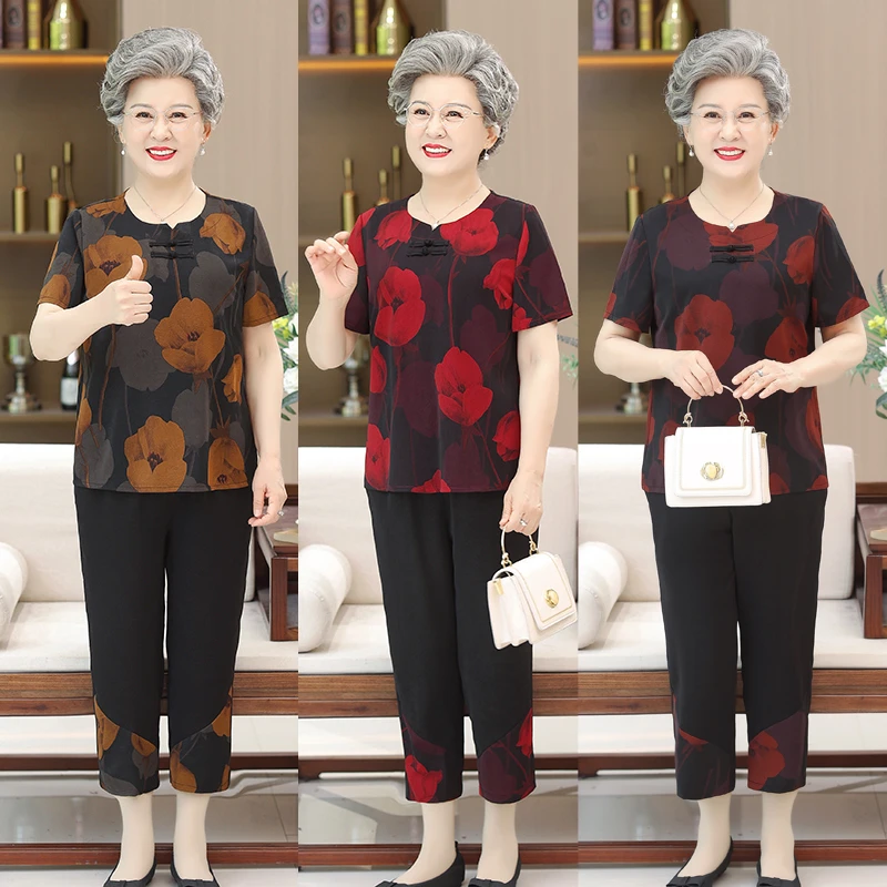 中老年人女装奶奶夏装短袖套装60-70岁80妈妈婆婆薄款休闲两件套