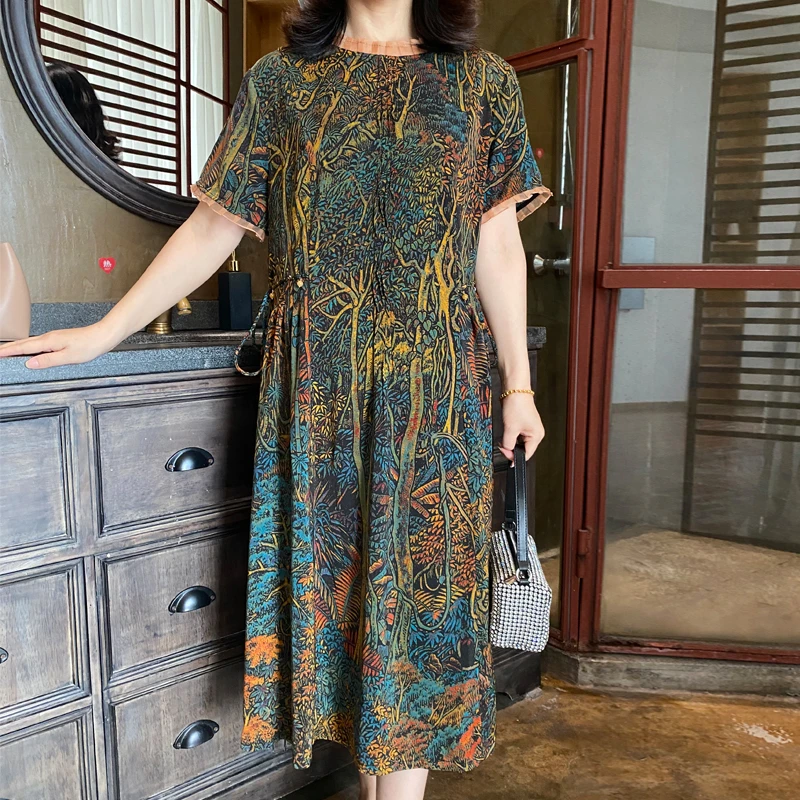 （绿野仙踪）夏季气质花边圆领花边短袖可调节收腰妈妈连衣裙766#