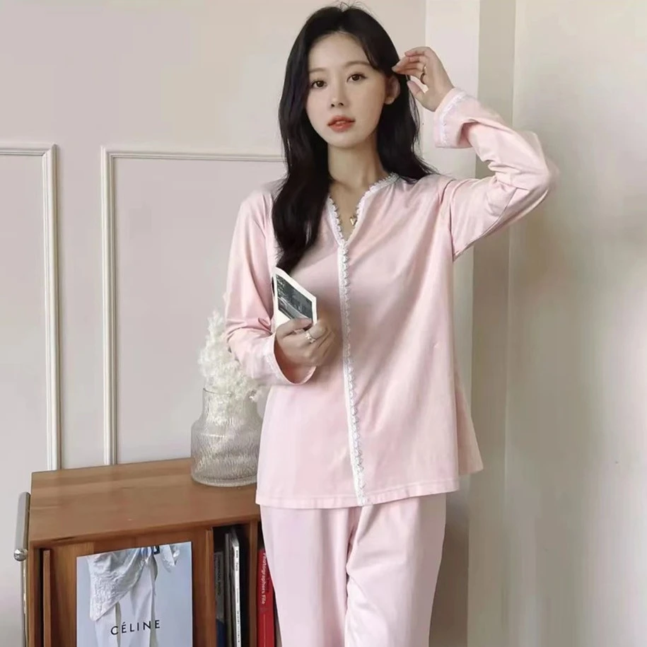 精棉紧赛棉氨纶淑女花边两件套舒适型外出家居两用套装H021