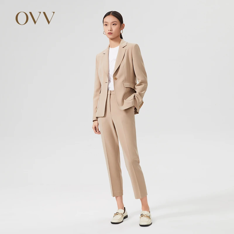 【裸粉套装】【进口三醋酸】OVV春夏新款女装烟管九分西裤GTXFJ12001A