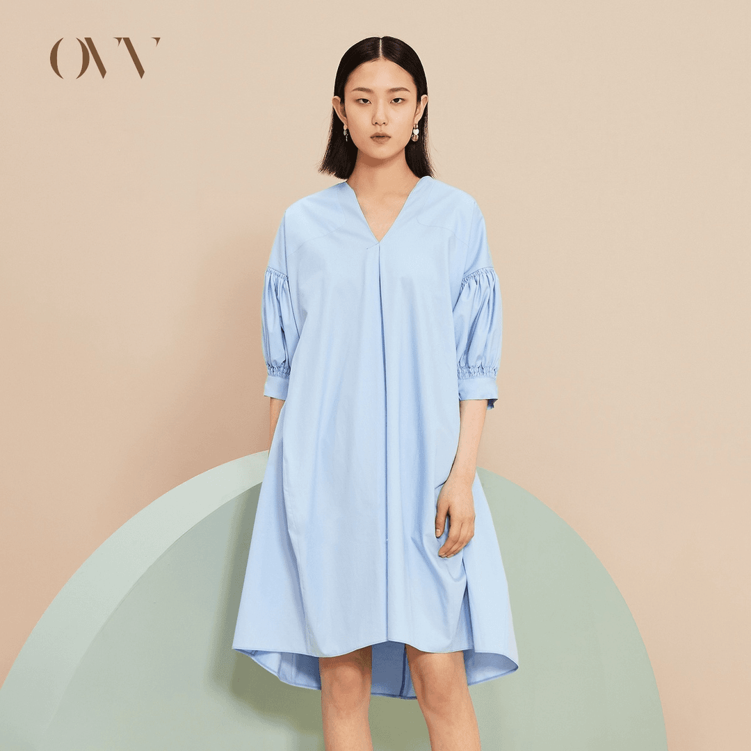 OVV女装春夏热卖灯笼袖V领空气洗棉A字宽松连衣裙女GQLBJ29020A