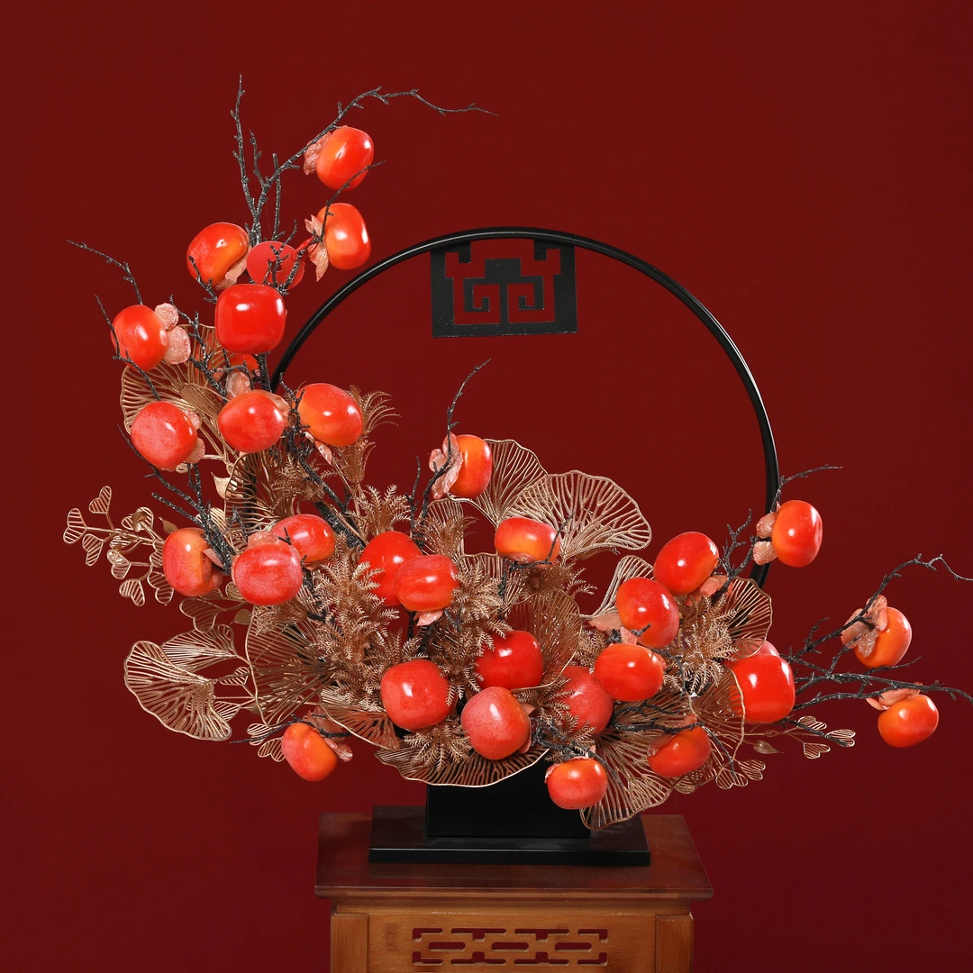 柿子仿真花客厅玄关电视柜果实假花摆件软装饰品花艺