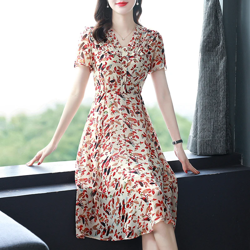 85412雪纺连衣裙女2024新款v领夏装修身a字裙气质印花名媛风收腰