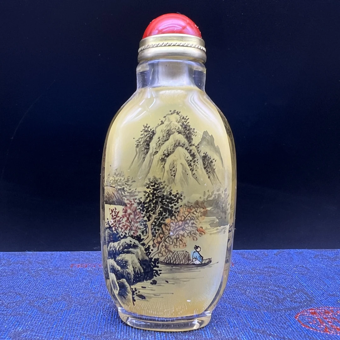 手绘内画鼻烟壶把玩小摆件 盖子带勺