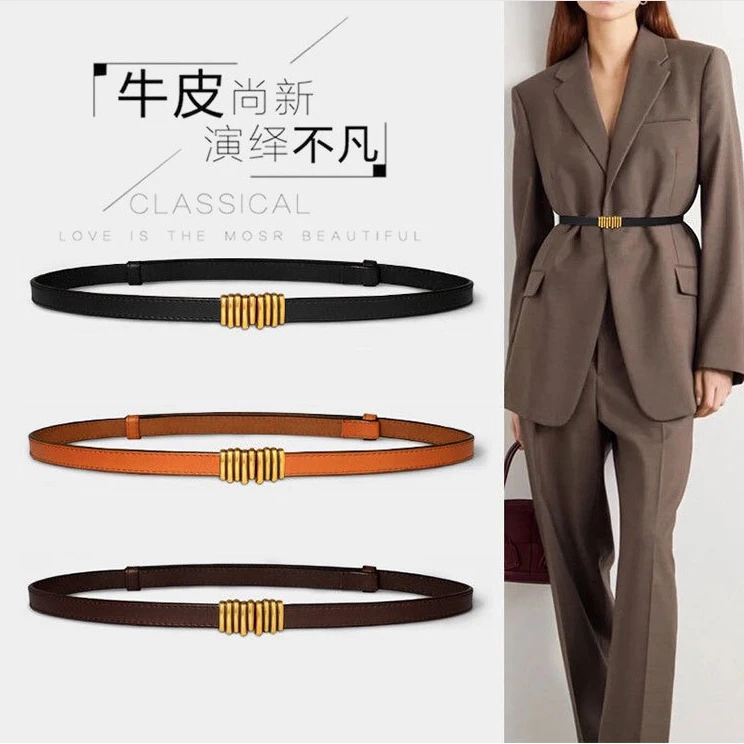 女士西腰带真皮百搭对扣免打孔抽拉式真皮皮带ins腰封女裤带真皮