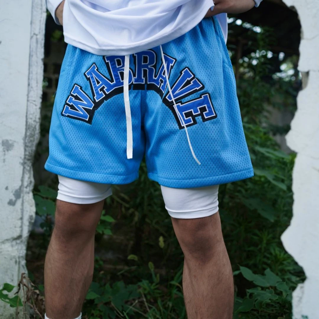 WABRAVE美式刺绣短裤双层网眼运动健身篮球四分裤透气速干宽松裤