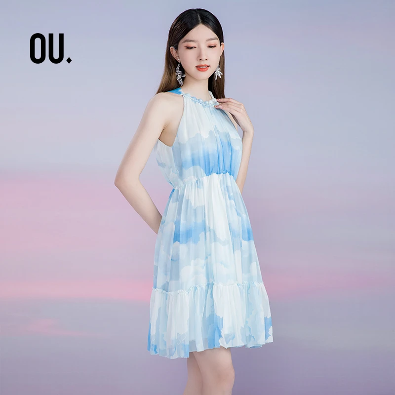 【彭彭echo】OU.FASHION/欧点蓝白云朵减龄无袖连衣裙6122220002