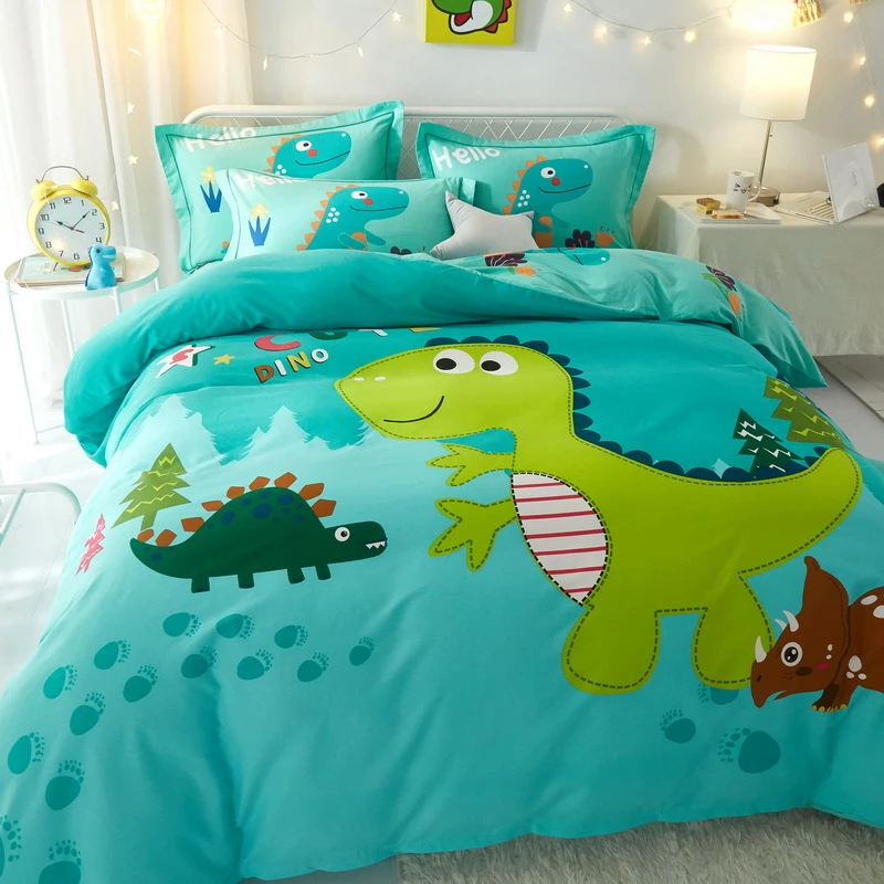 恐龙森林-绿 男孩卡通纯棉四件套加厚全棉被套床单床上用品三件套