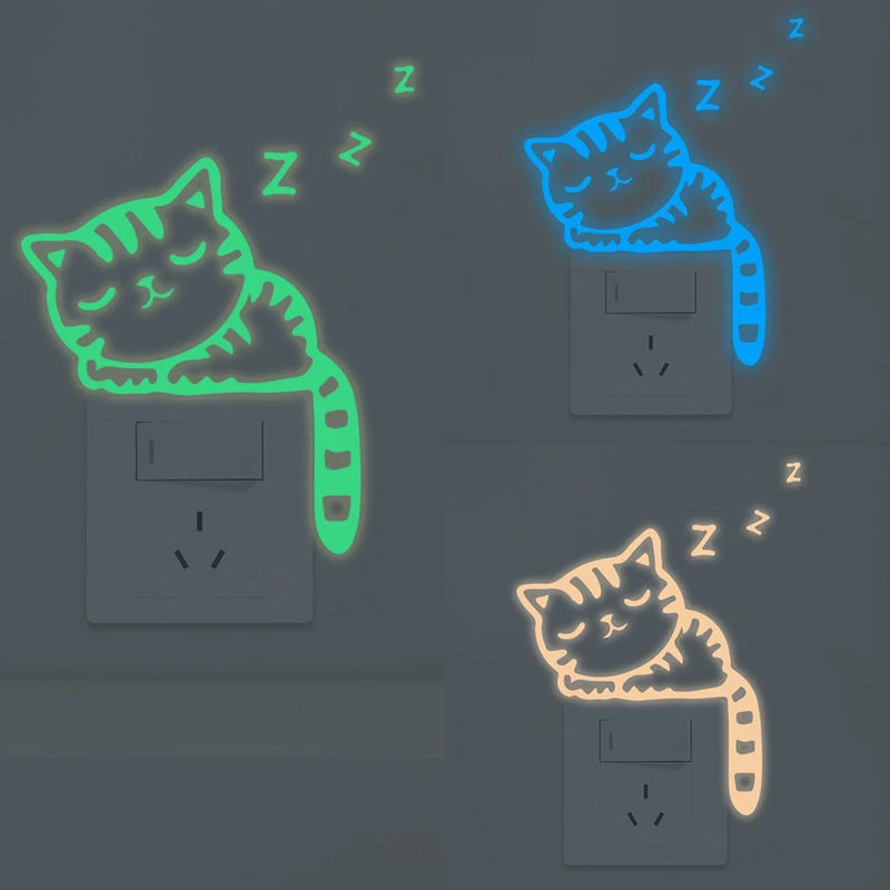 三色贪睡猫夜光开关贴装饰卧室客厅卫生间开关标示贴夜晚荧光贴纸